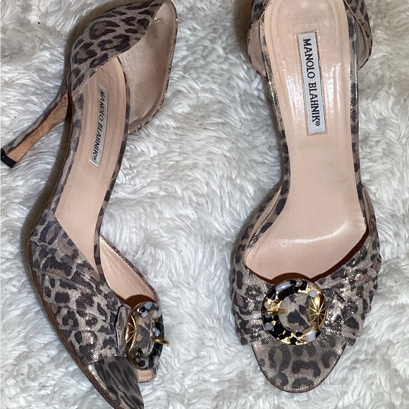 Manolo Blahnik Sedaraby Metallic Leopard Print D'Orsay Peep Toe Heel Size 10.5 - Picture 5 of 6